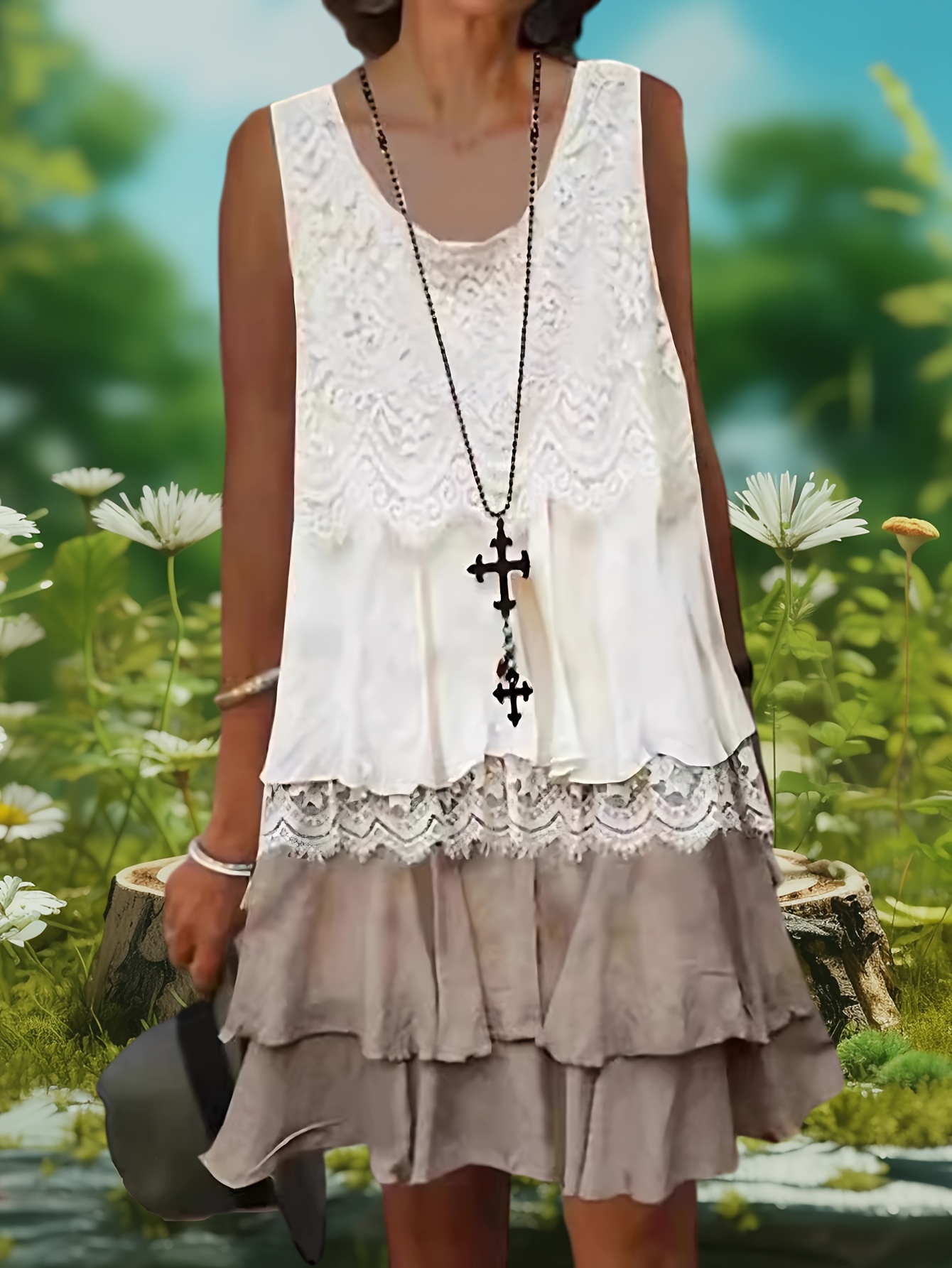 plus size plus size womens bohemian lace   sleeveless dress round neck midi skirt with layered lace overlay lightweight summer casual dress for beach   picnics warm weather fashion boho chic delicate detailing fashion enthusiasts vacation outfit breathable fabric fashionforward women