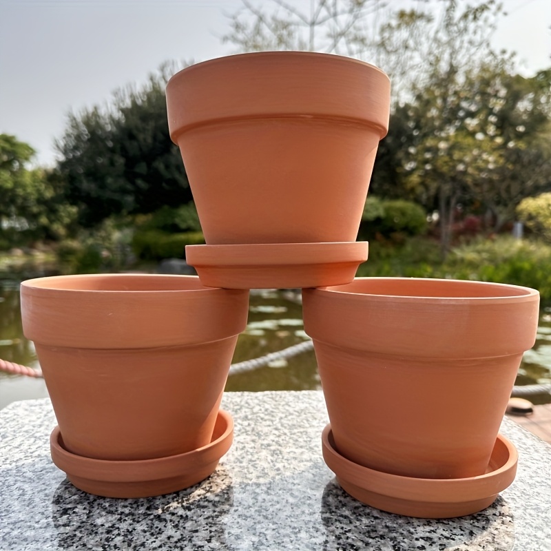 TEMU Macetas de terracota de 5.9 pulgadas con platillo - 3 piezas/juego de macetas de arcilla con drenaje, ideales para plantas, manualidades,