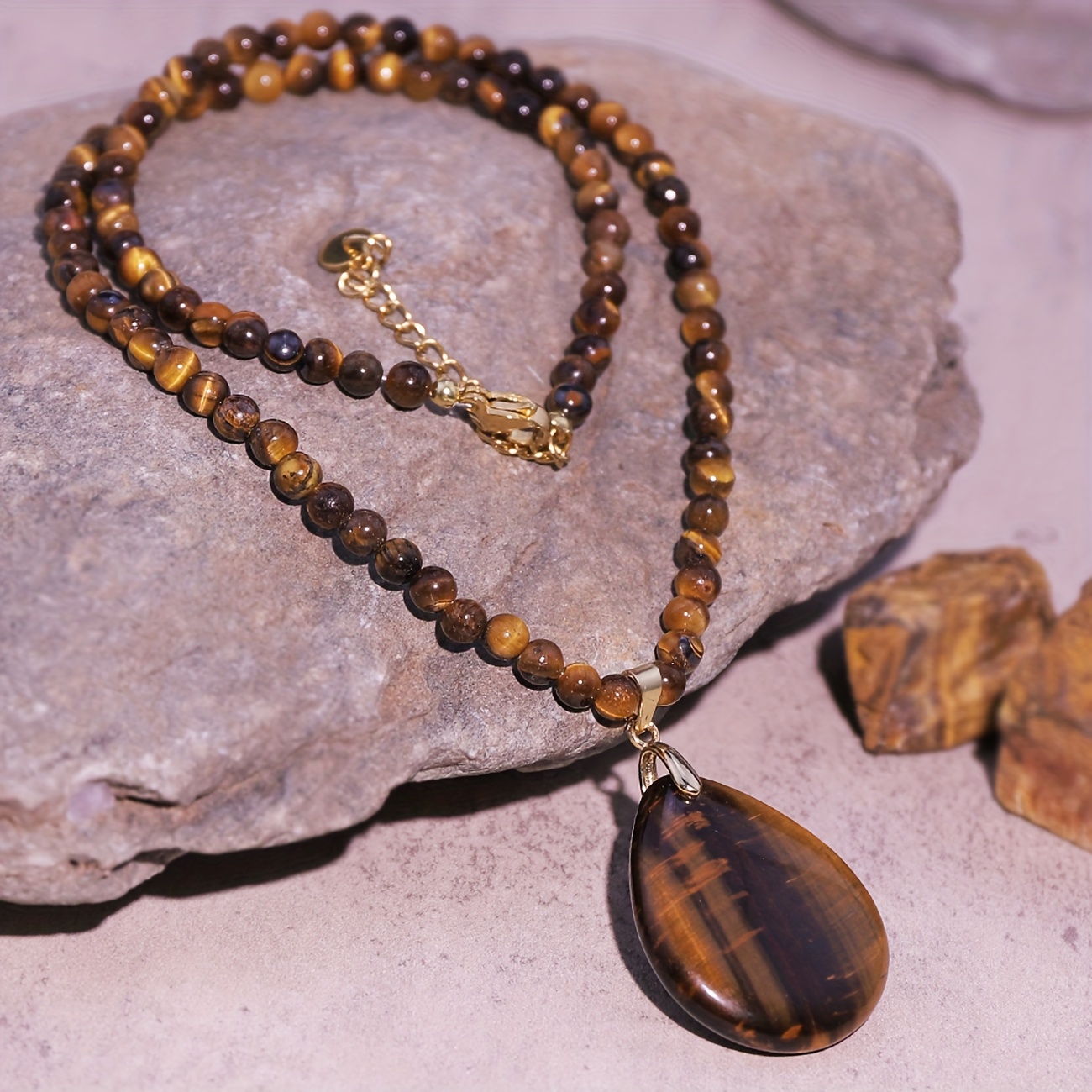 Image of Exquisite Gift Necklace, Tiger Eye Stone Teardrop Shape Pendant Necklace, Suitable For , Suitable For , Mother, Valentine's Day Gift, New Year's Gift, Dating Awesome Gifts