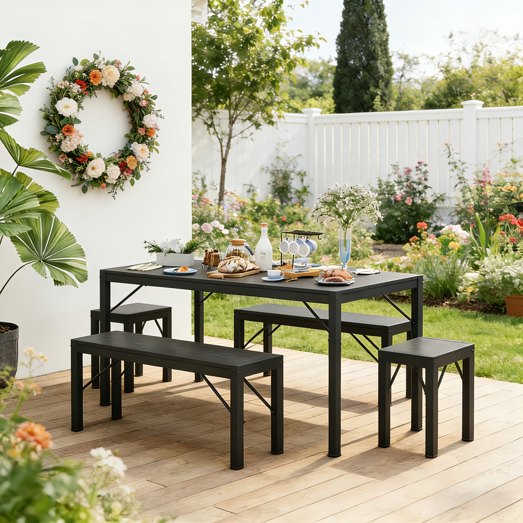 Non-Folding 5pcs Indoor & Outdoor Dining Table Set, 6 Seater Patio Kitchen Table with 2 Benches & 2 Stools, Industrial Space-Saving Set for Picnic, Camping, Backyard