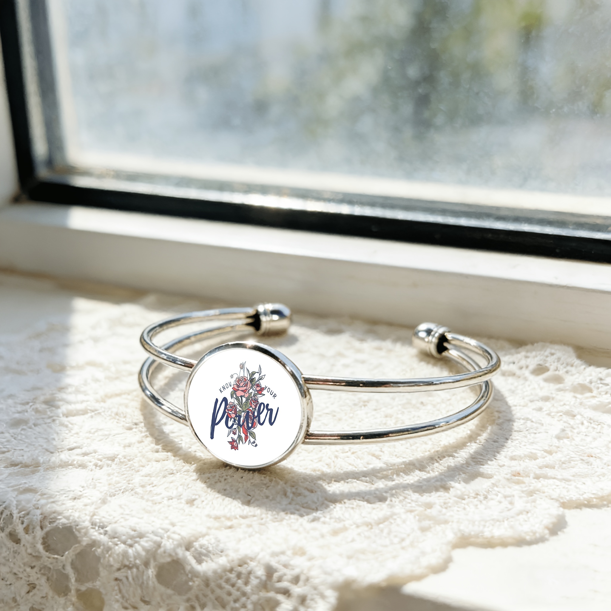 Women's Adjustable Open Bangle with Round Time Gem Inlay