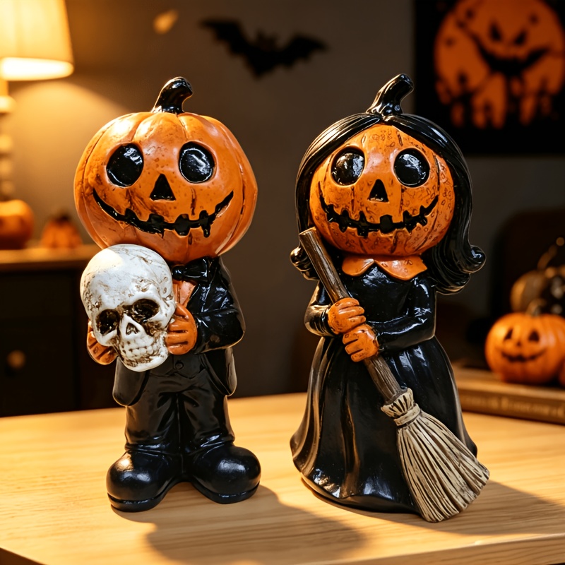 TEMU Ensemble de 2 statues de couple Jack-O'-Lantern d'Halloween en résine, sculptures en résine avec crânes et balais, décorations de table