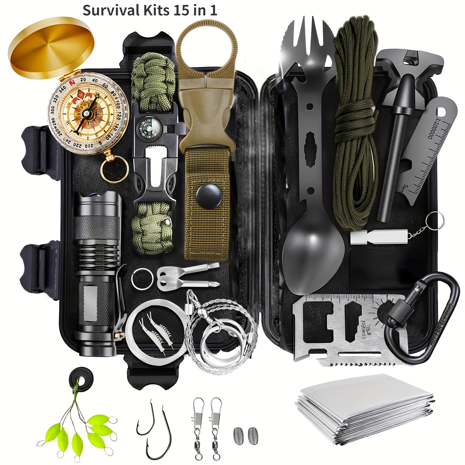 kit de herramientas de   15-en-1 para camping y senderismo, 1 juego (pilas no incluidas), kit de emergencia, equipo táctico, herramientas de viaje,  , accesorios de camping 15-en-1, equipo táctico para camping, senderismo, viajes y caza