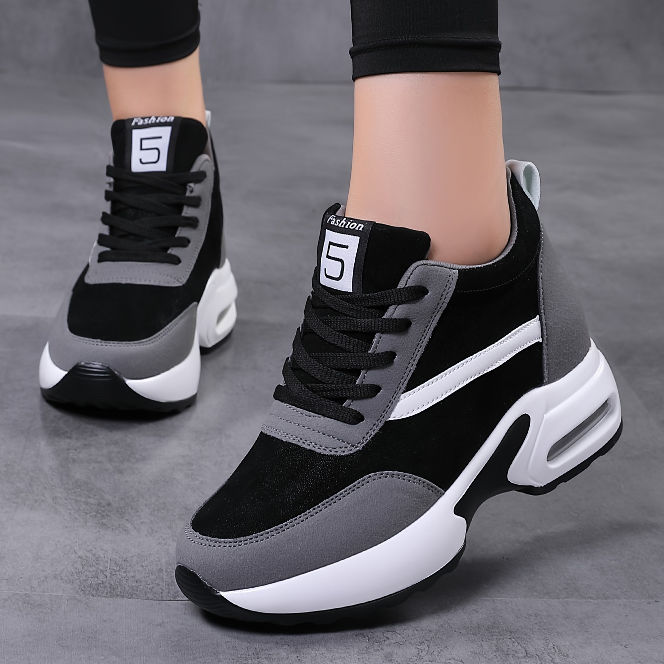 Zapatillas deportivas de plataforma gruesa para mujer - Zapatos con acolchado que aumentan la altura con cierre de cordones, suela antideslizante - Calzado diario y formal para todas las estaciones - Color negro/gris/blanco - Parte superior de cubierta de poliuretano y plantilla acolchada para comodidad durante todo el día, zapatillas para mujer, calzado versátil, diseño de zapatos elegante, calzado de tracción duradero