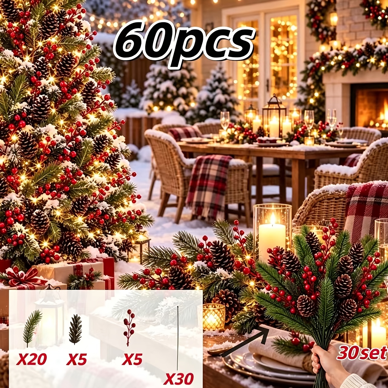 TEMU 60 pièces 30 ensembles Arrangement floral décoratif d'hiver, Combinaison de fleurs artificielles de Noël avec rouges, pommes de pin, de pin,