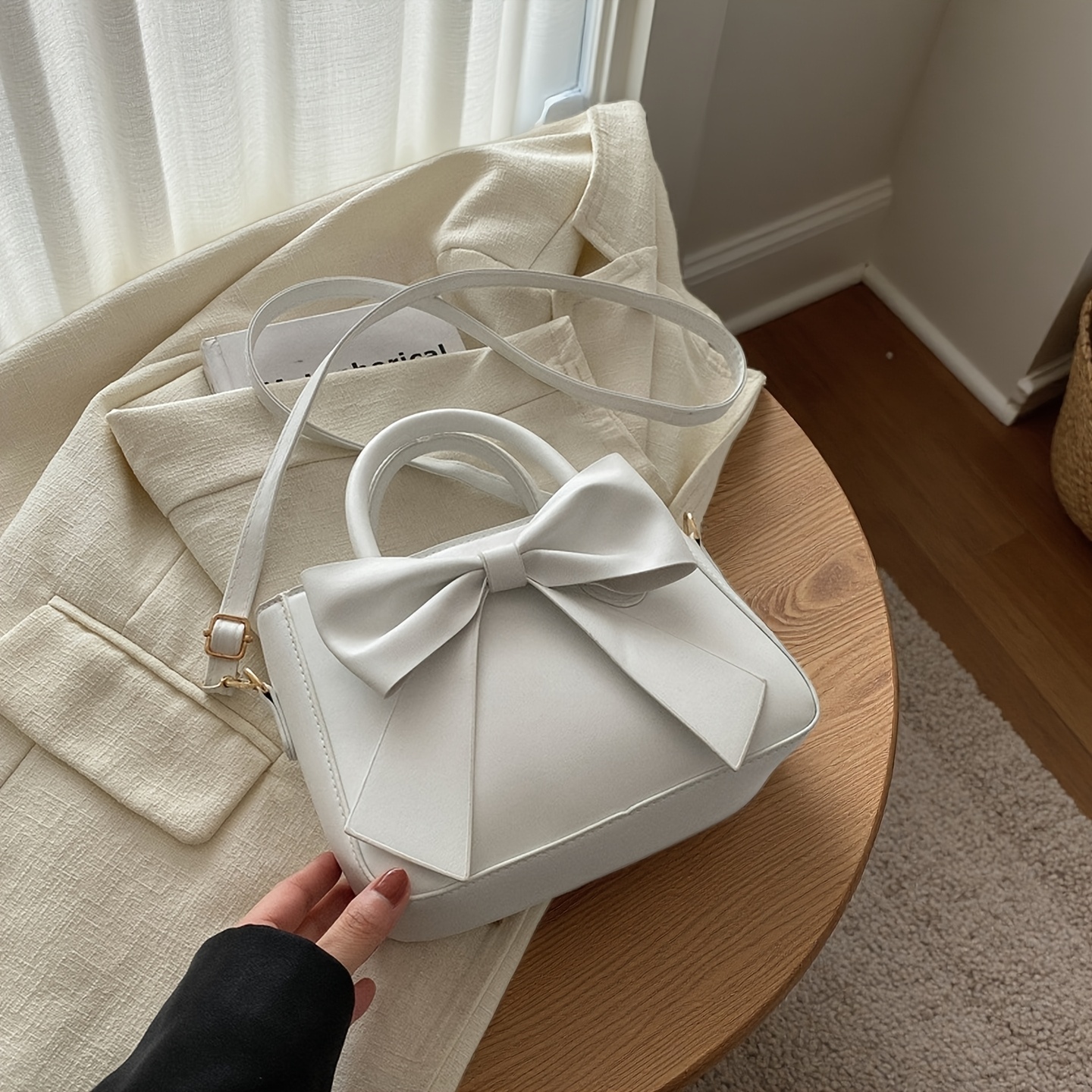 TEMU Stylish Teenager's Handbag | Featuring Bowknot Decoration, In Black And White, Double Handles, Detachable Shoulder Strap, Texture, | Ideal For Daily , For Teenager