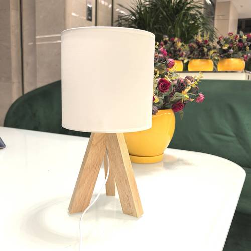 modern wood tripod desk lamp with fabric shade usb powered downlight reading light with polished push button control for room types space themed light for bedroom office study white