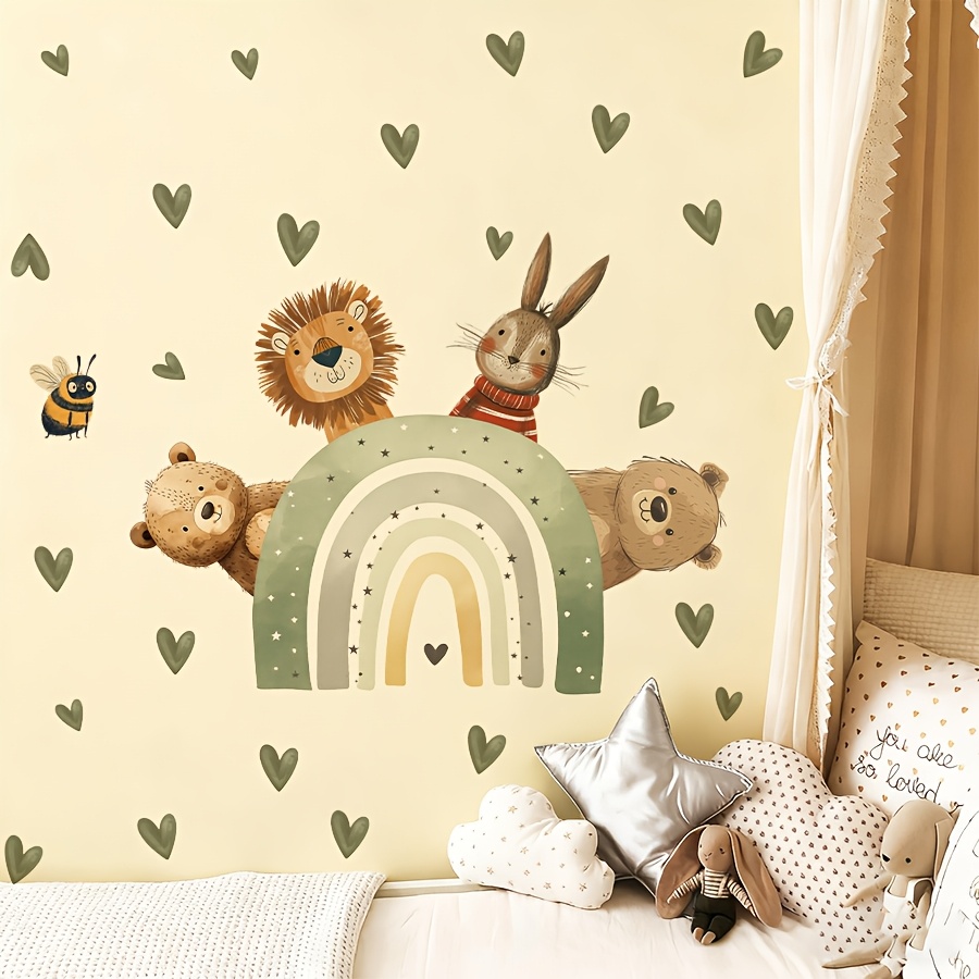 Image of 2 Sheets 30*60cm Cute Rainbow Rabbit, Lion, And Bear Heart Wall Stickers For Bedroom And Living Room Decoration, Self-adhesive Pvc