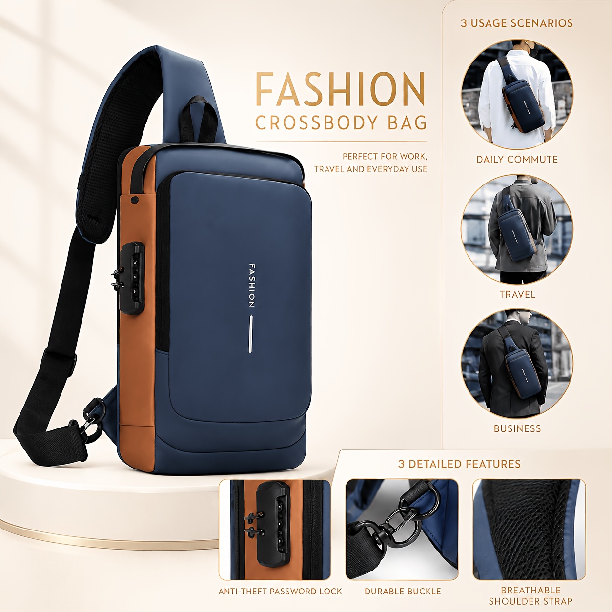 TEMU da moto con lucchetto, borsa a tracolla convertibile, scomparto con cerniera, spallacci regolabili, per pendolarismo, viaggi e guida moto,