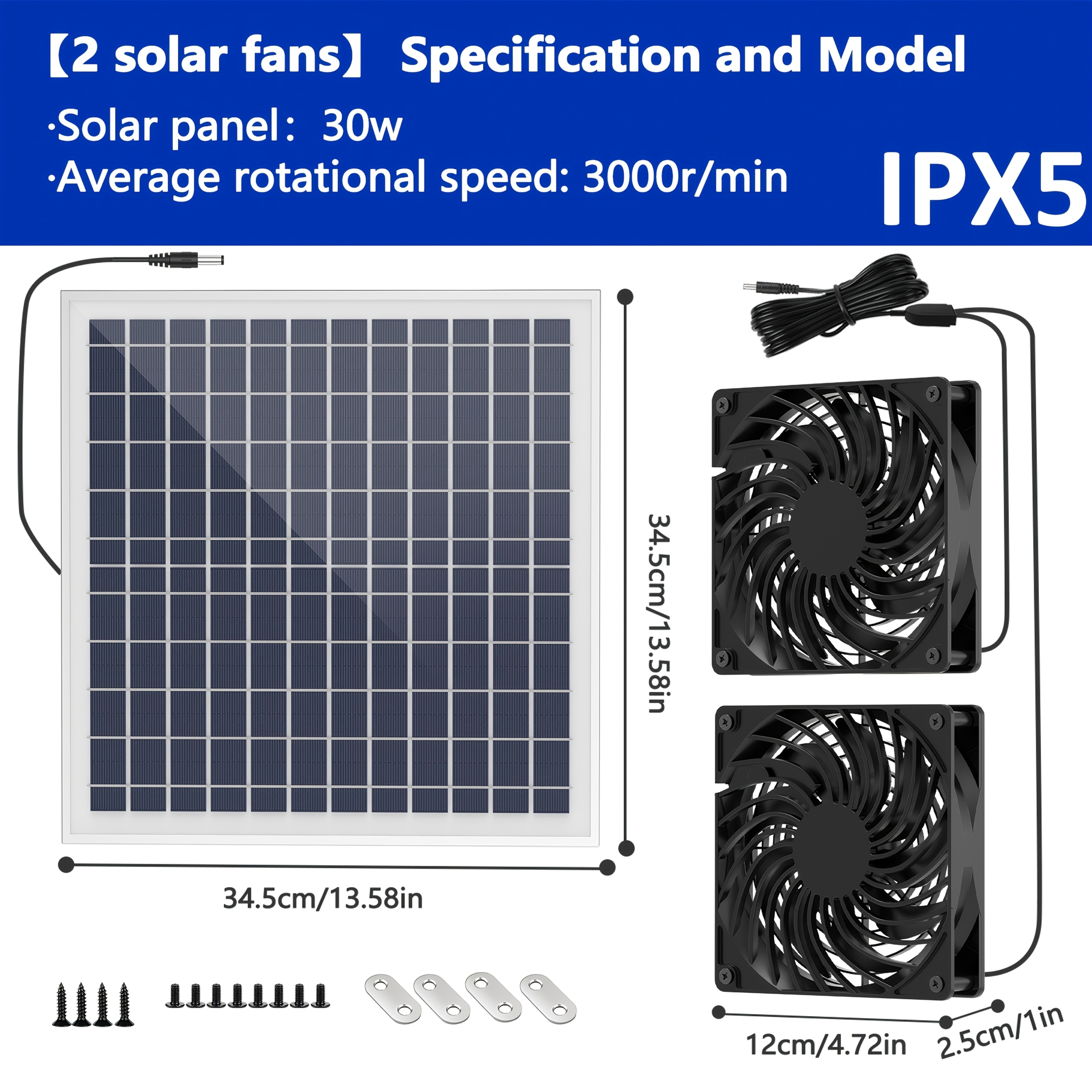 Image of Solar Powered Fan, Ventilation Cooling Fan, Solar Fan For Outside, Shed, Chicken Coop, Greenhouse With 2 Fans Switch Cable Exhaust Intake Mounting Way And Installation Kits 15w/30w Ipx5