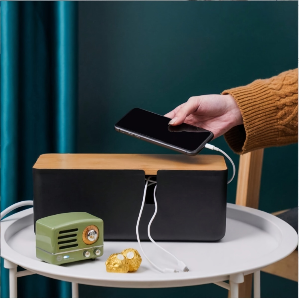 Individually Packaged Bamboo Covered Cable Management Box, Small Wire Hidden Box, Desk/tv/computer Wires, Power Board Box For Organizing Space, Wire Management Box