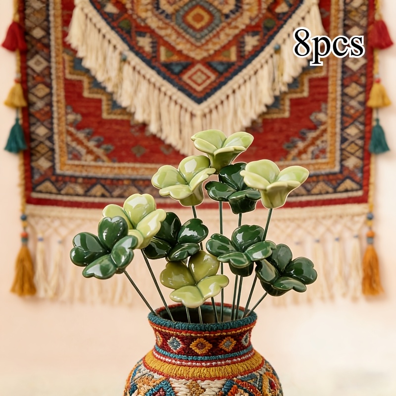 Image of 8pcs Clover Hidden In Leaves | Clover Eternal Flower, Artificial Flower | Ceramic Craft Eternal Unfading Artificial Flower | Clover Is Gentleness And Surprise