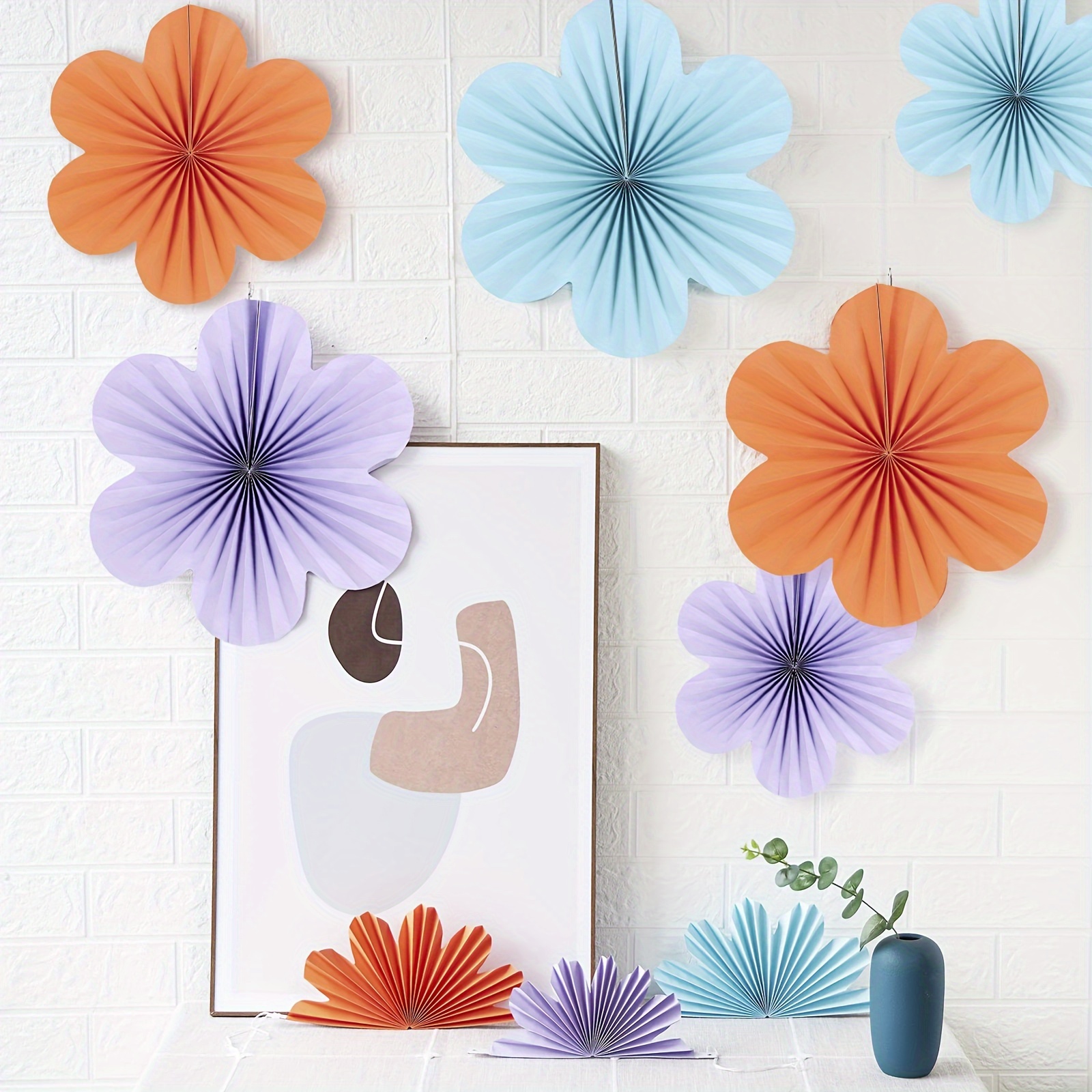 

9-pack Tissue Pom Poms Flower Decorations, Paper Fan Classroom Decor, Hanging Wall Decor In Orange, Blue, And Purple For Special Occasions