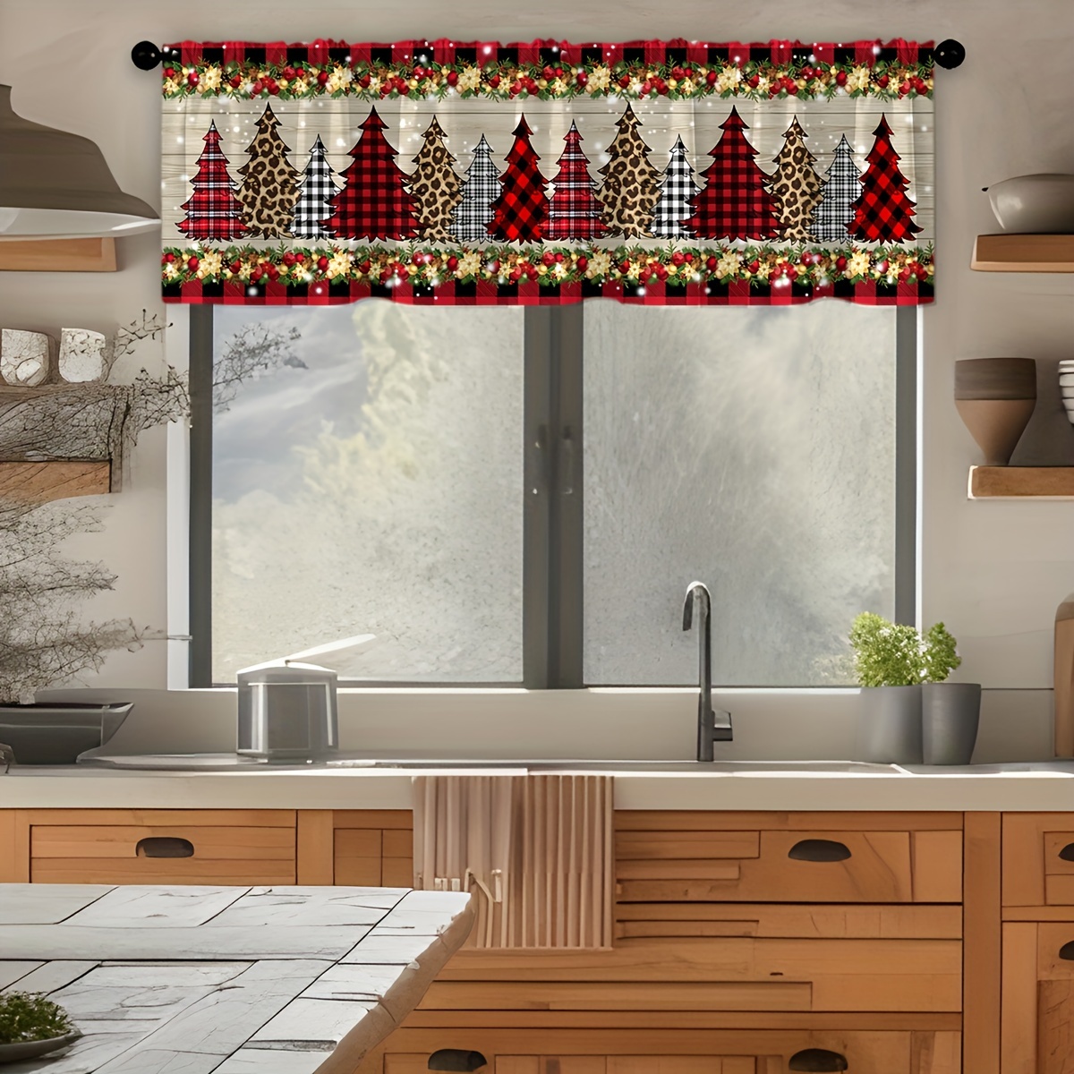 Image of 1pc Christmas Christmas Ball, Pine Tree Decor Rod Kitchen Curtain, , For Bedroom, Kitchen, Office, Study, Living Room - Curtain Decoration