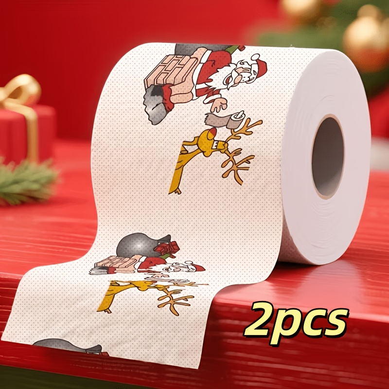TEMU 2 Rollen Kerstman en Rendier Toiletpapier - Feestelijke Badkamerdecoratie met Schippatroon, Ongebleekt Hout TP, Geschikt voor Thuis, Kantoor, en