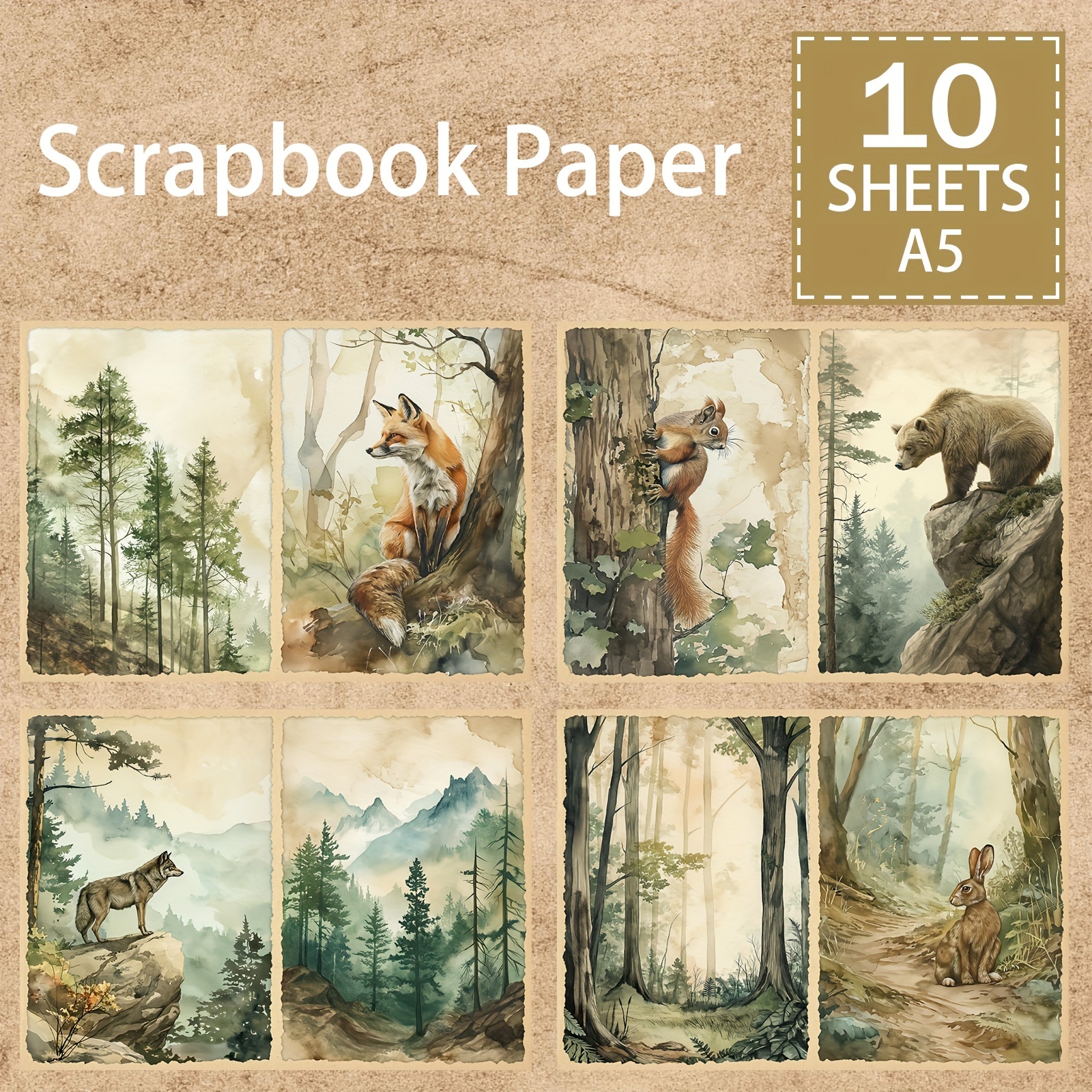 

10-piece A5 Vintage Forest Animal Scrapbook Paper Set - Squirrel, Owl & For Diy Journals, Greeting Cards & Planners