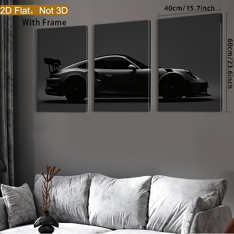 2D plat, set de 3 tablouri pe pânză înrămate cu mașini sportive negre monocrome întunecate triptic, decor vertical de înaltă calitate pentru living, birou sau bar, cadou modern auto pentru zile de naștere, sărbători și petreceri, decorațiune auto