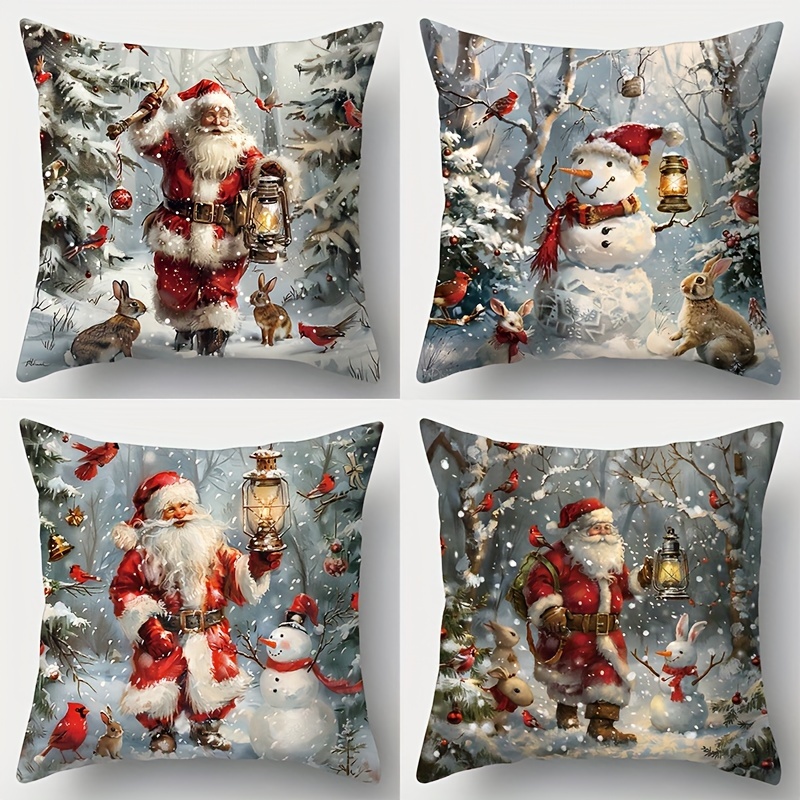 

4 Pcs Christmas Santa Claus & Snowman Printed Pillowcases - 17.72 X 17.72 Inches, Suitable For Room Decoration, No Pillow , Hand Wash Only, Contemporary Style, Zipper Closure, Polyester Cover