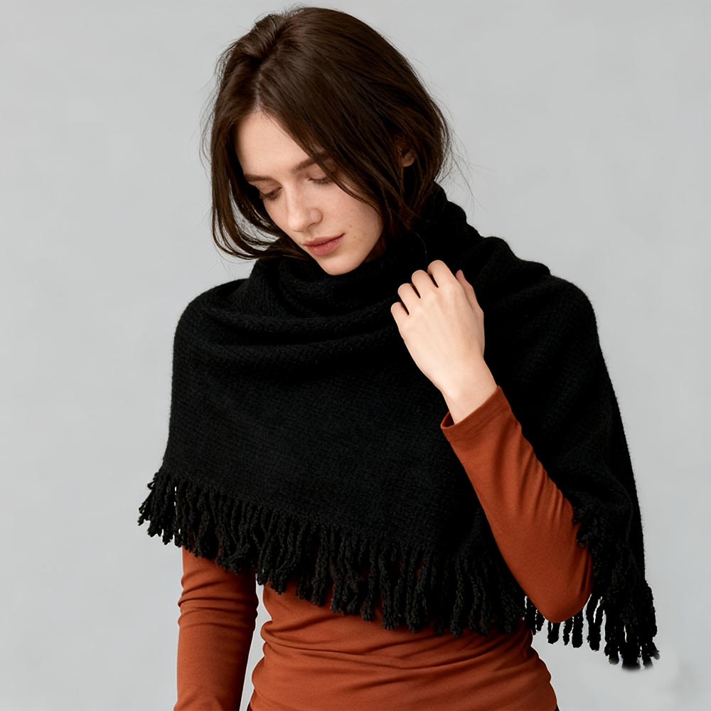TEMU Shawl - Soft And Comfortable Women's Tassel Scarf Shawl, Wool Material (7% Wool) Fashionable Retro Tassel Design Scarf, Multifunctional Daily
