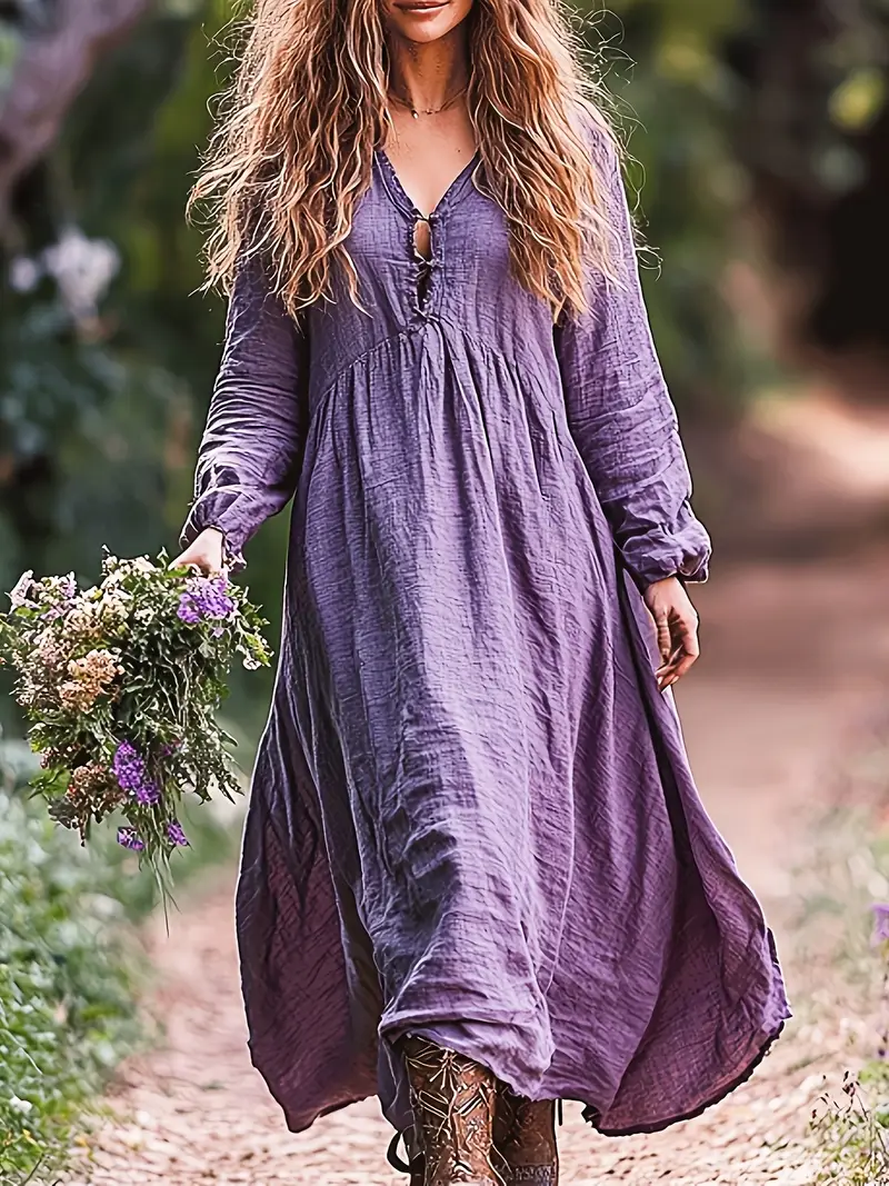 women's vintage bohemian style long sleeve maxi dress purple