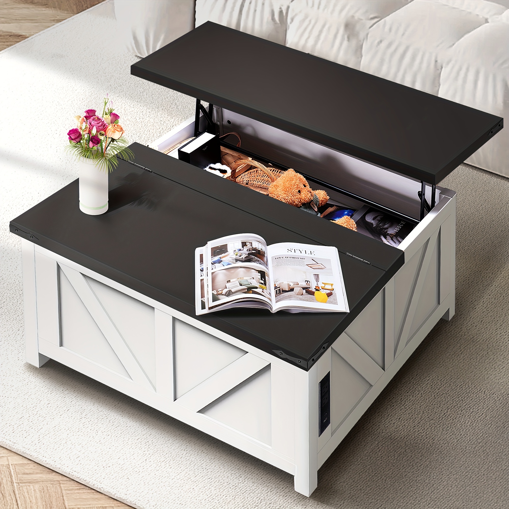 

Lift Coffee Table With Large Concealed Storage Space, Coffee Table That Into A Dining Table, Farmhouse Style Wood, Suitable For Living Rooms And Home Offices, In White + Black.