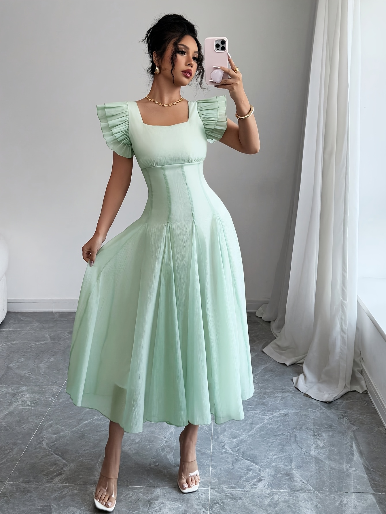 Womens Dresses Neon Green Square Neck Dress Neon Green Flared