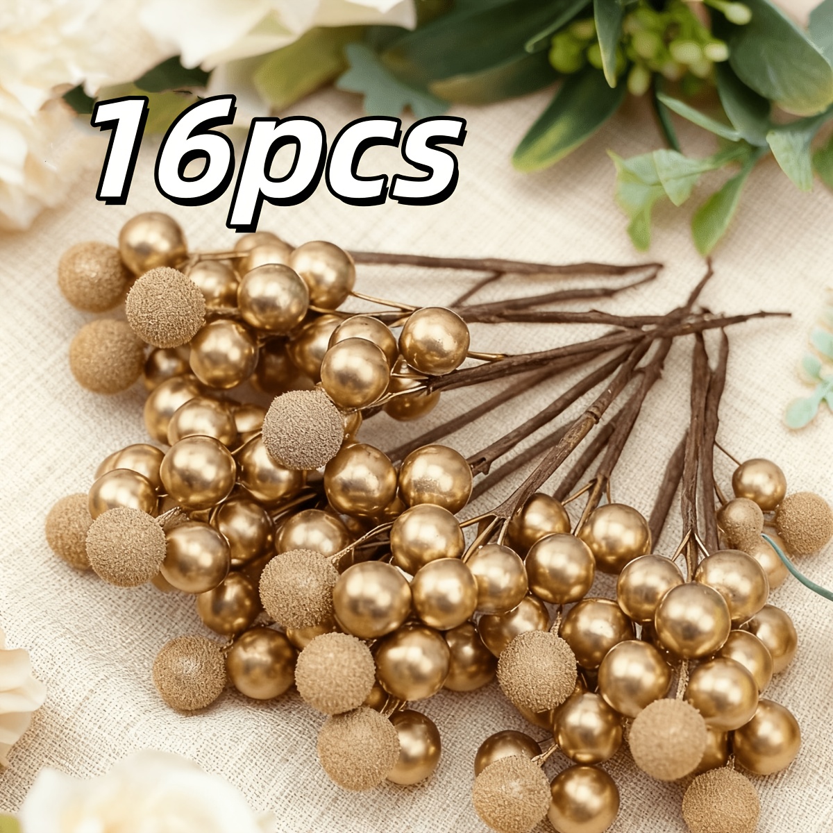 TEMU A Set Of 16 Red And Golden Artificial Wax Berries, Perfect For Decorating Wreaths And Enhancing Home Decor