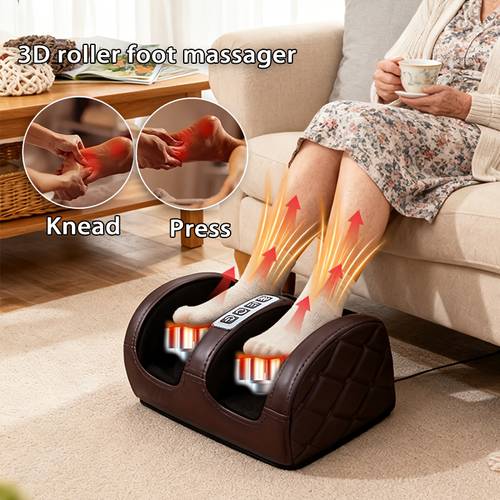 elektrisches braunes fußmassagegerät. es verfügt über rollende akupressur und zielt auf die gezielte massage von fußreflexzonen. es hat zwei bewegungsmodi und drei intensitätsstufen. ideal für die anwendung auf , füße, beine und hände. urlaubsgeschenk für die familie.