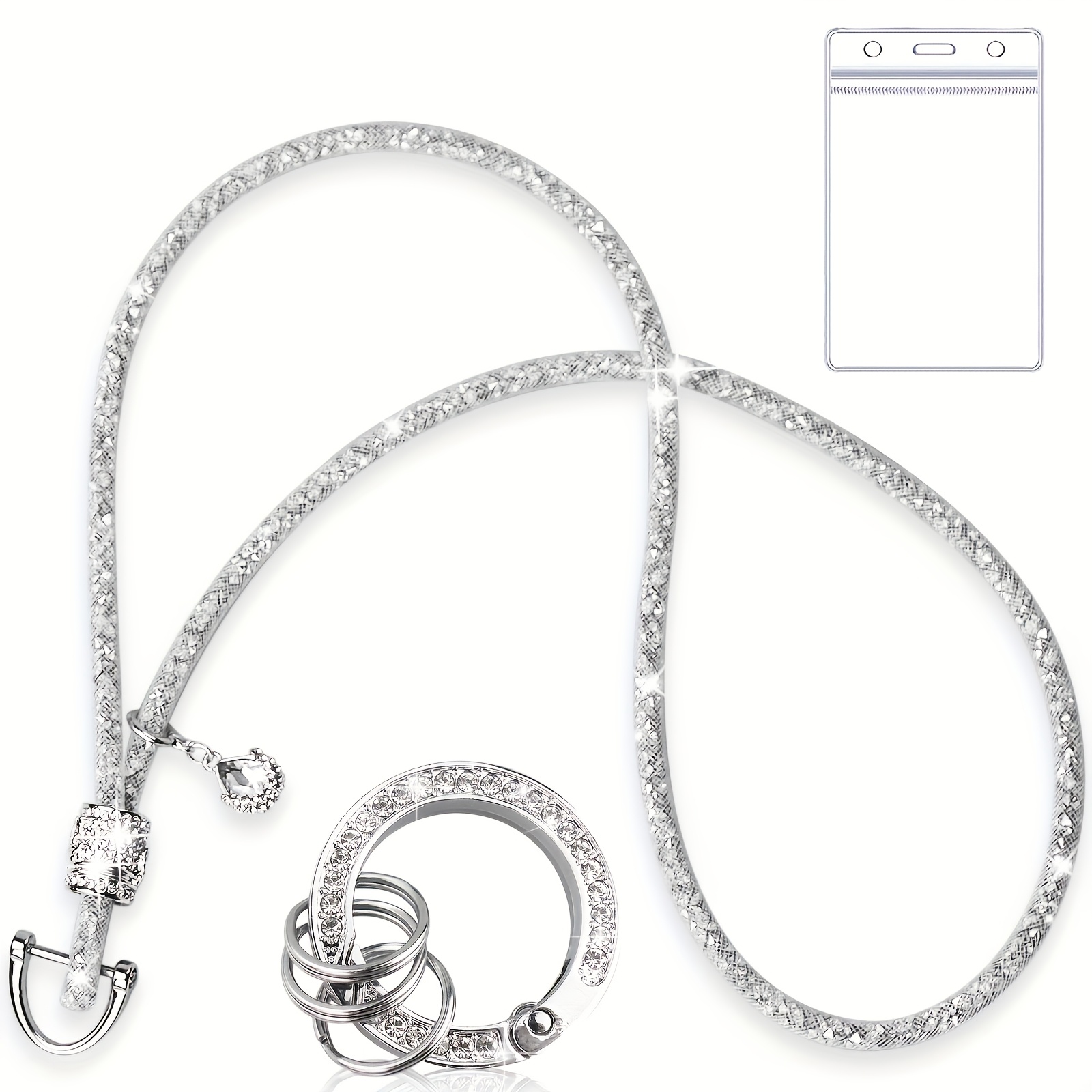 Image of Yiflin 1pc Cute Bling Neck Lanyard With Id Holder, Cool Sparkling Keychain For Women, Crystal Round Metal Clasp, For Teachers, Students, Nurses, Staff