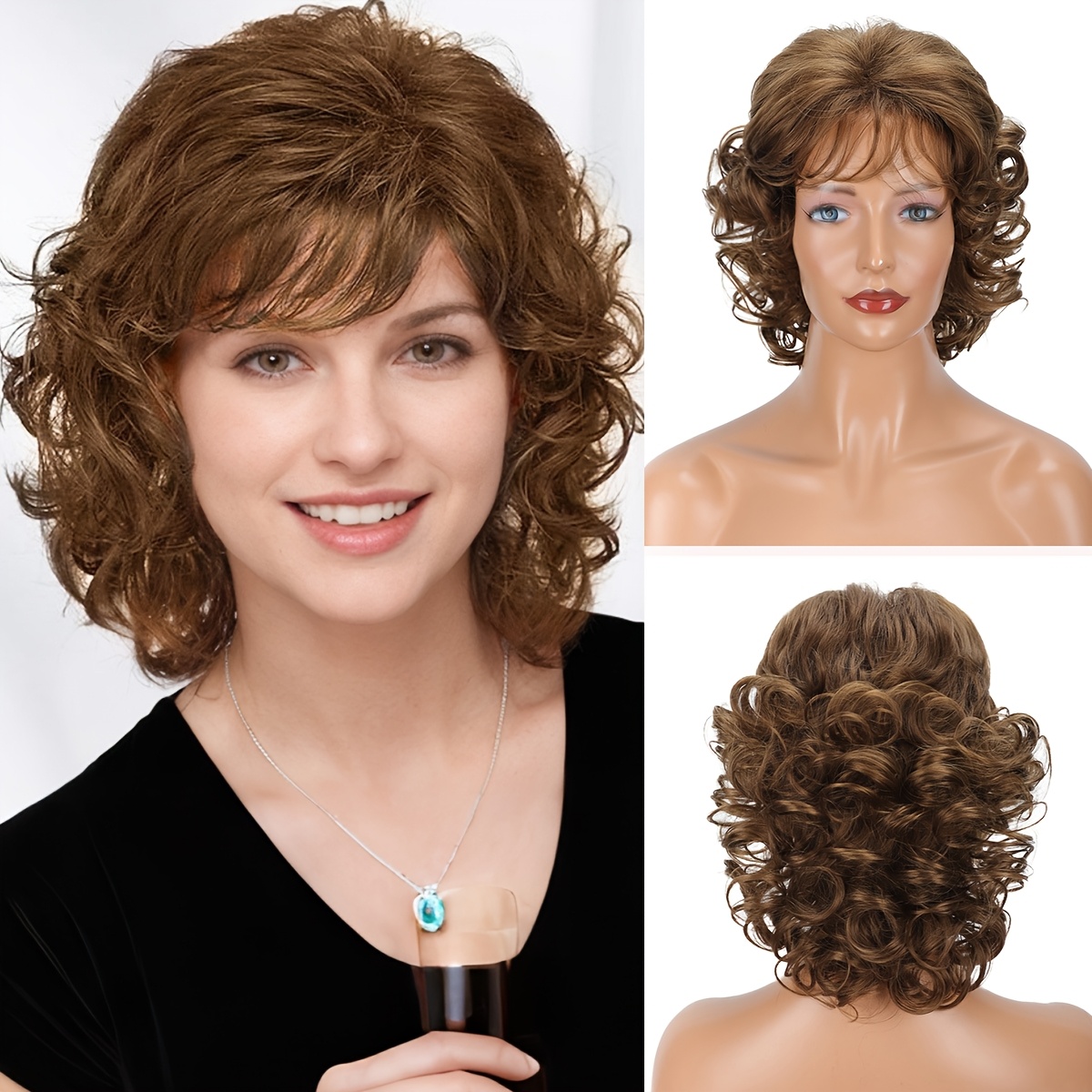 

Women' Brown Curly Wig With Bangs - 10-inch, Breathable Cap, High-density Synthetic Hair, Ideal For & Like Christmas And Music Festivals, Wig Accessories