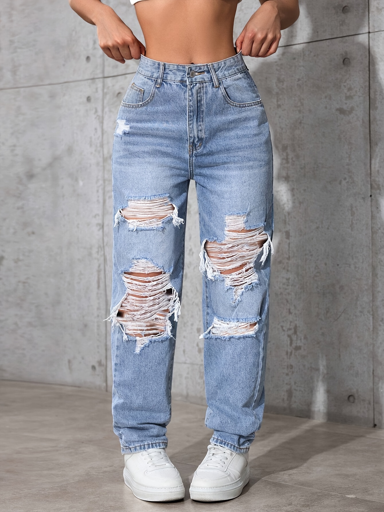 Women'S High-Waisted Ripped Solid Color Washed Denim Jeans - Light Blue, Slim Fit, Non-Stretch Fabric with Raw Hem Detail for Casual Weekend Wear