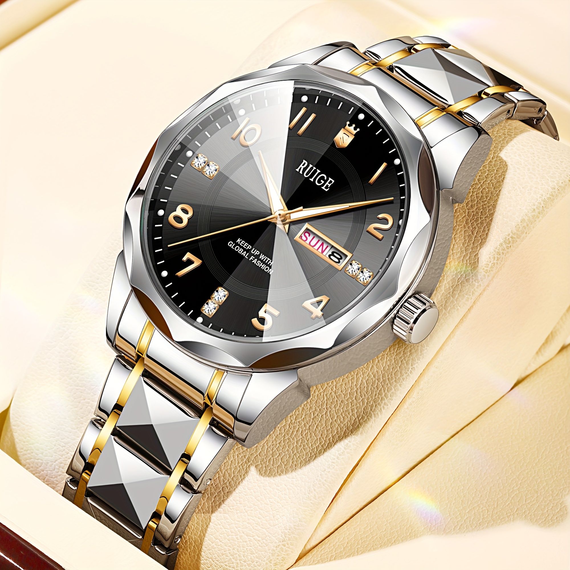 RUIGE Men's Quartz Watch with Night Light, Dual Calendar, Diamond-Shaped Mirror, Stainless Steel Case, Alloy Strap, Multiple Colors