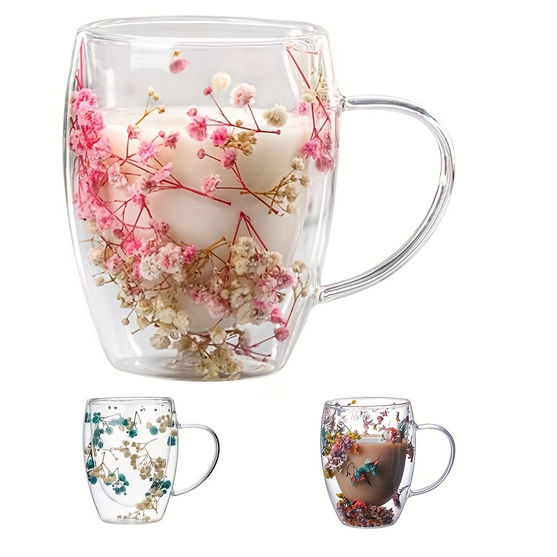 

4pcs, Double-walled Glass Coffee Cups With Dried Flowers, Heat Resistant Cups, Reusable Cups, For Espresso, Iced Coffee, And Juice, 350ml/11.83oz