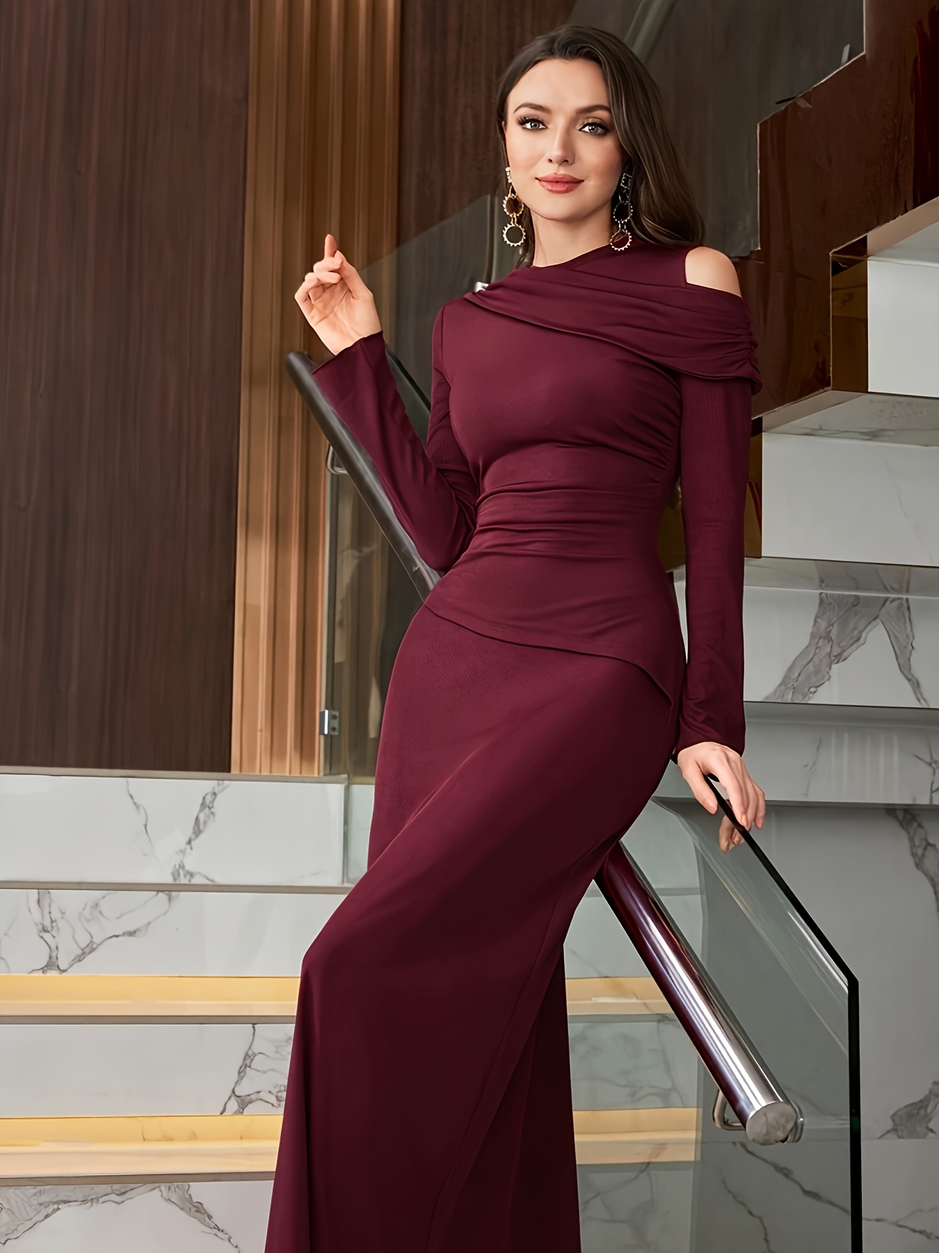 elegant long sleeve burgundy gown fitted shoulder high neck Temu