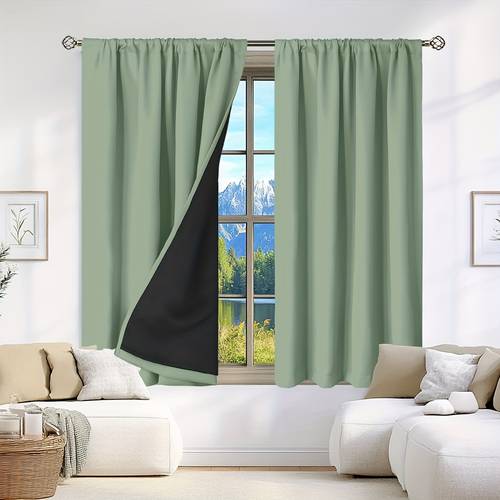 1pc 100 blackout curtains thermal anti curtains green blackout insulating drapes rod with coated lining fall winter windproof room blackout emergency curtains suitable for living room bedroom room darkening decorative curtains
