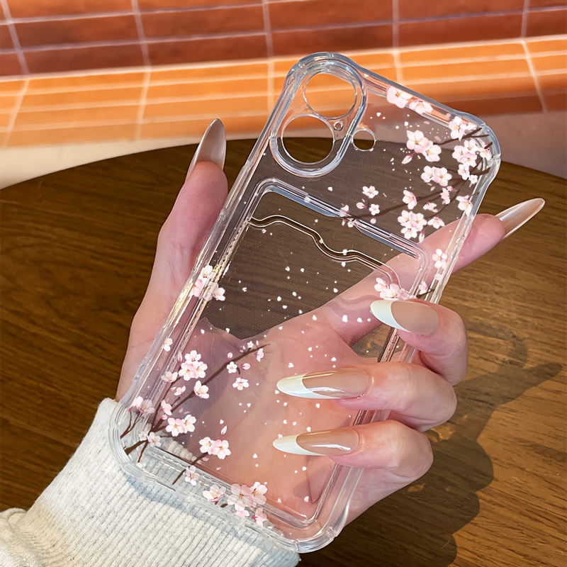 TEMU Transparent Peach Phone Case With Card Holder, Compatible With Iphone 16/16 Pro/16 Pro Max & 15/14/13/12/11 – Thickened Anti-drop Full-body