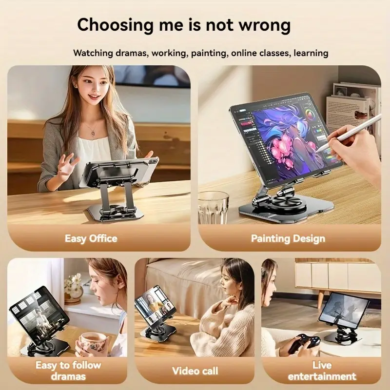 360 rotating carbon steel phone tablet stand adjustable foldable and sturdy for live streaming video recording and hands free use tablet holder stand details 5
