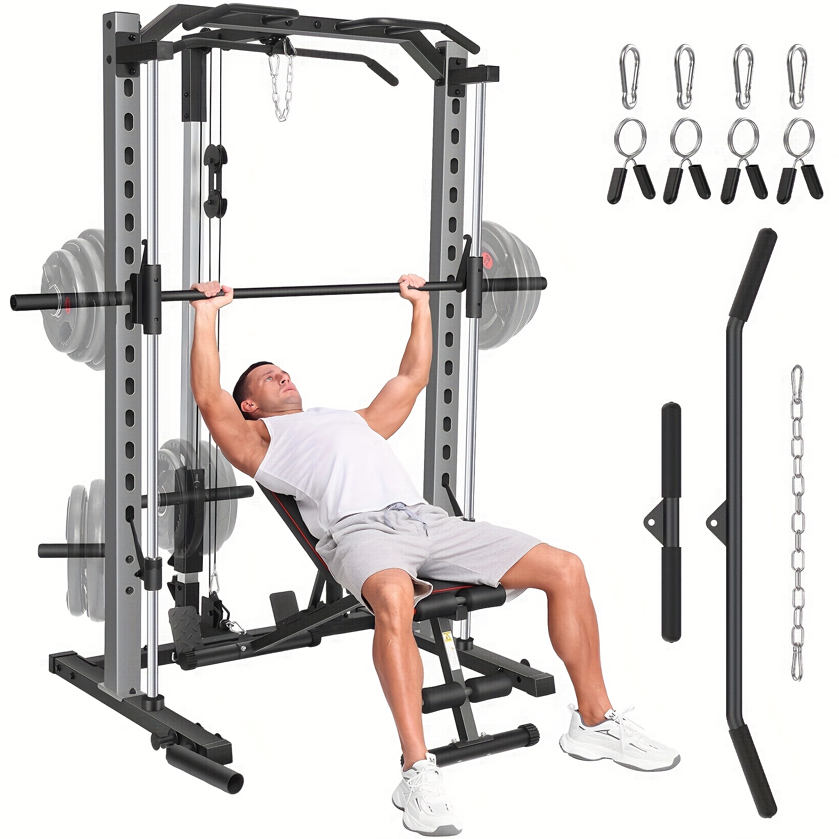     machine power rack with lat pull down system cable machine multi function   with   barbell bar plate storage pegs and more training attachment squat rack
