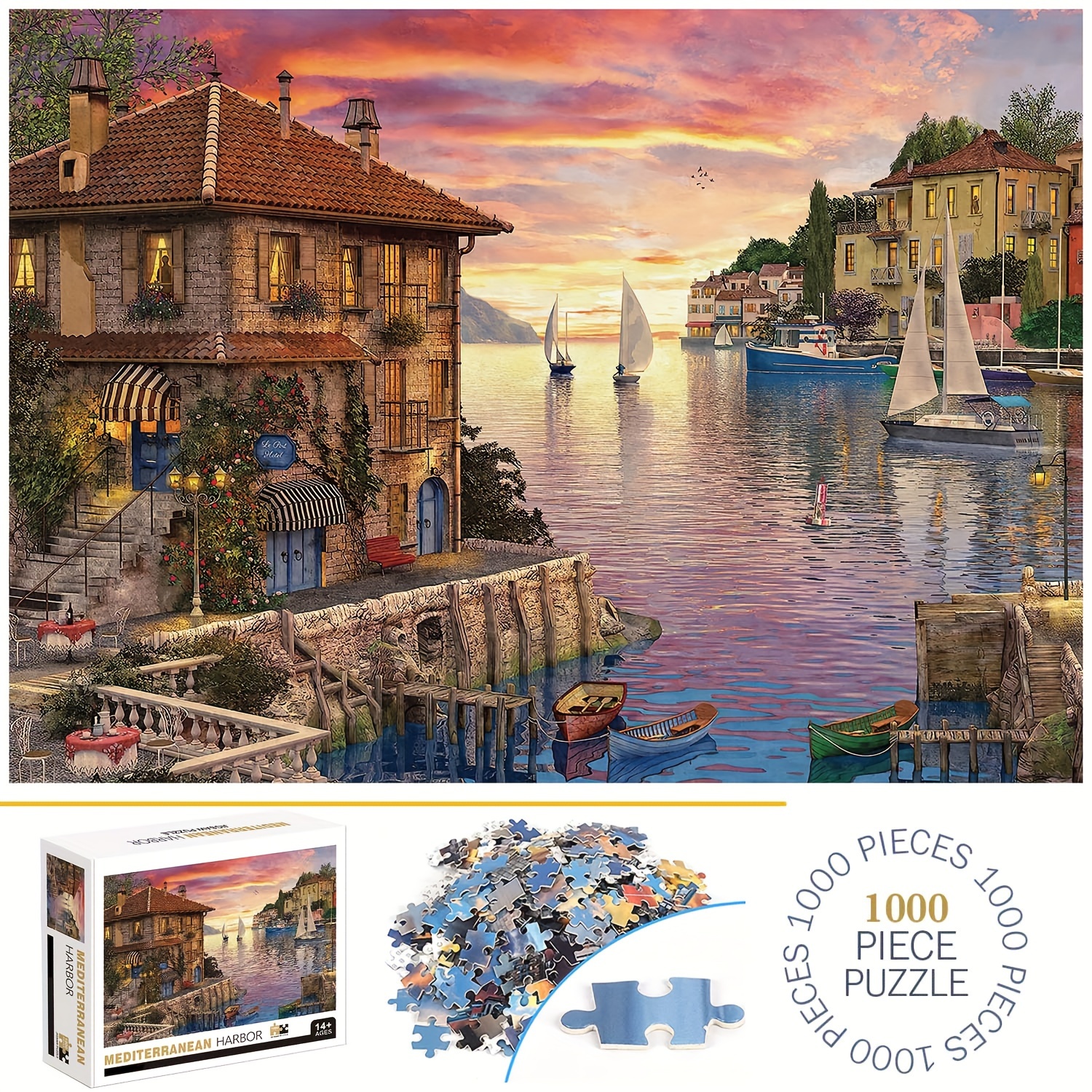 

1000pcs Mediterranean Harbor Puzzle, Thick And Durable Seamless For Adults Fun Family Challenging Puzzle For Birthday, Christmas, Halloween, Thanksgiving, Easter