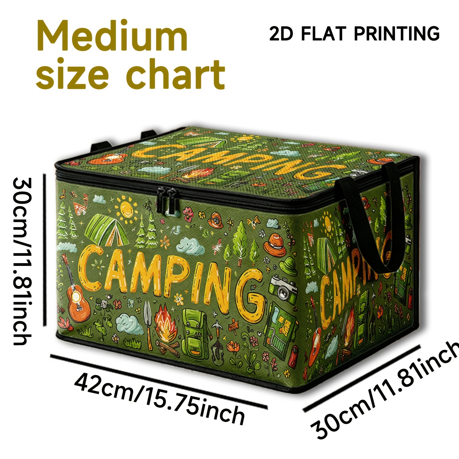 TEMU 1pc Outdoor Camping Graffiti Print Large-capacity Soft Fabric Storage Box, Green Camping Hand-painted Tent And Campfire Pattern, Double Zipper