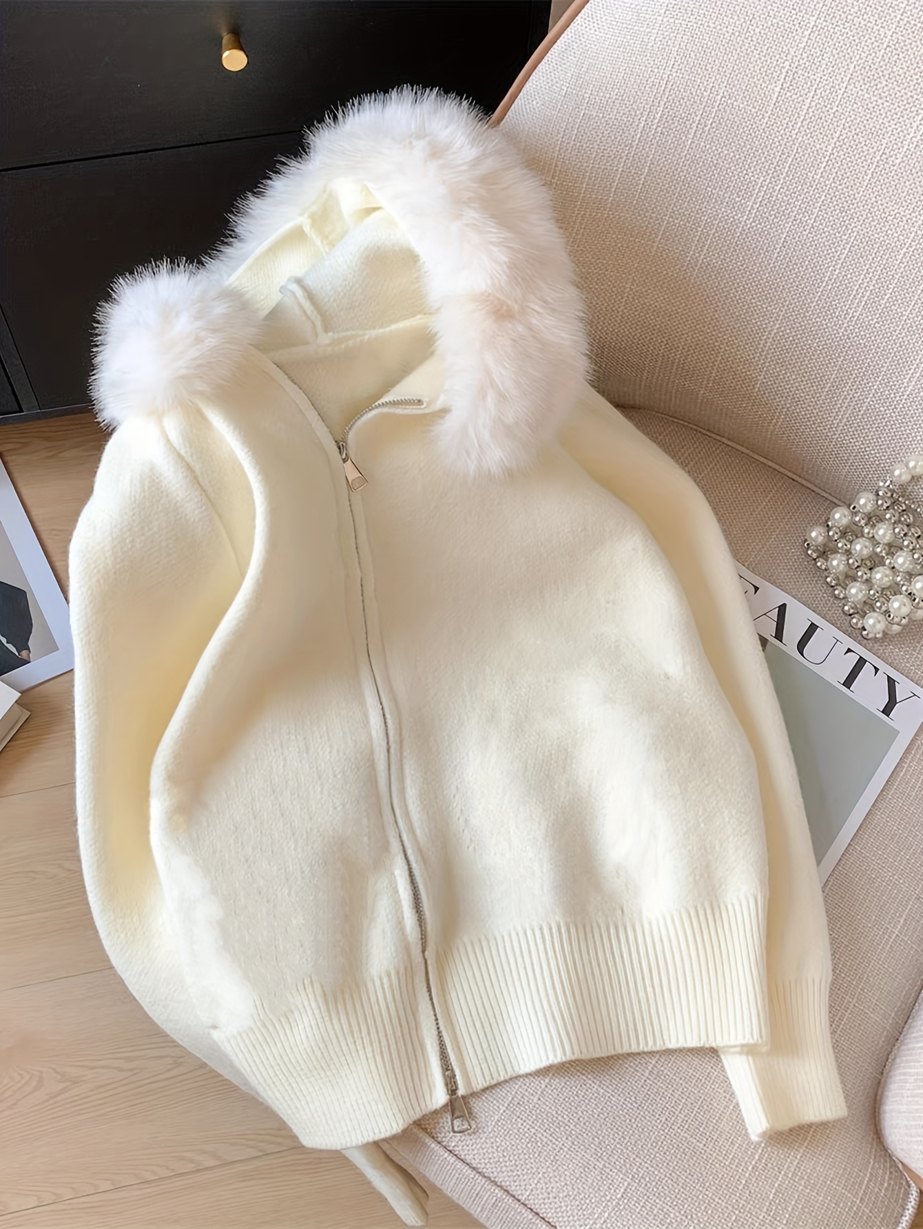 zip up hoodie with fur hood sold on Temu United States