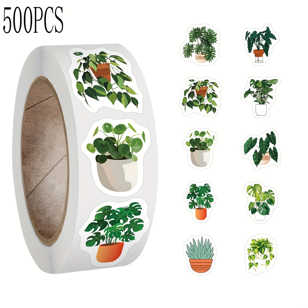 TEMU 500pcs Green Plant Stickers Roll - Realistic Potted Plant Decals With 12+ Varieties, Vibrant Botanical Designs For Laptop, Water Bottle, Phone,