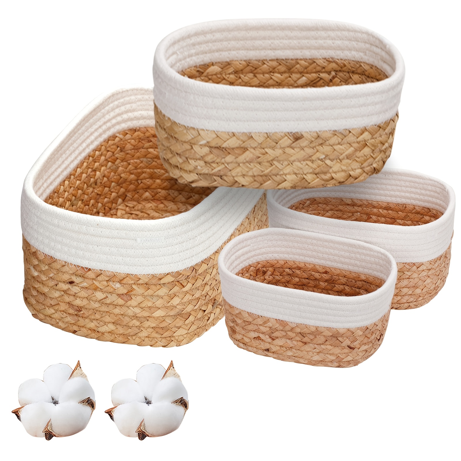 Image of Storage Basket, 4pcs Woven Baskets, Water Hyacinth And Rope Set, Bathroom Storage And Organization, Suitable For Kitchen, Bathroom, Bedroom Decor, Shelf Baskets
