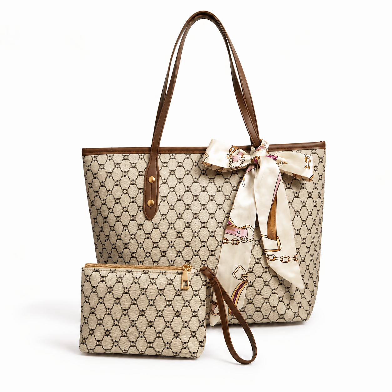 TEMU Elegant Women's 2pcs Pu Tote Bag Set, Large Capacity Geometric Print Shoulder Handbag With Matching Zip Wristlet Pouch & -style Scarf, Chic Work