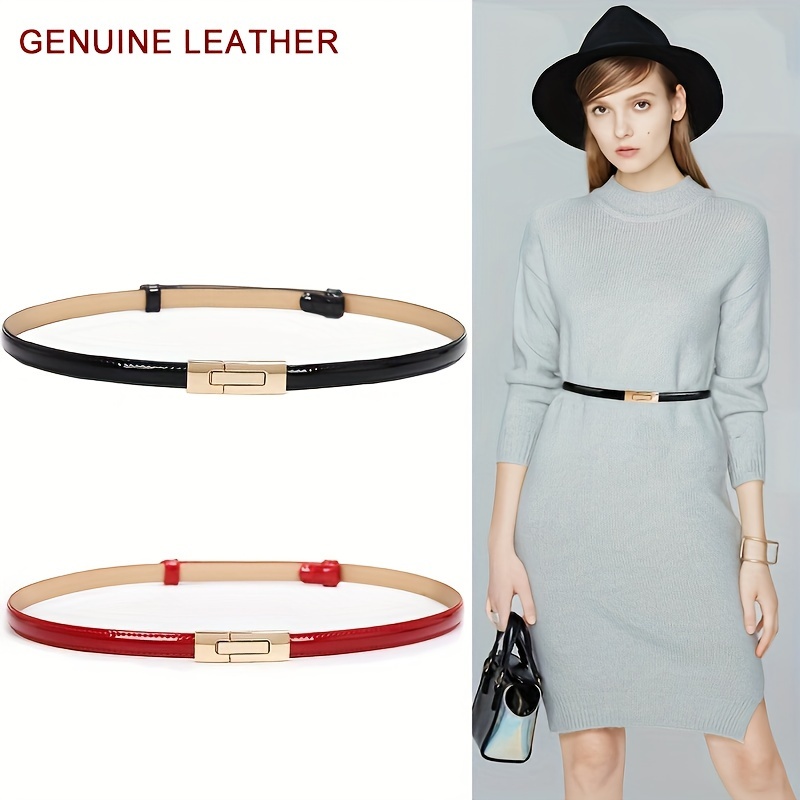 

Stylish Bright Genuine Leather Thin Belts Elegant Long Buckle Solid Color Waistband Classic Dress Coat Girdle For Women