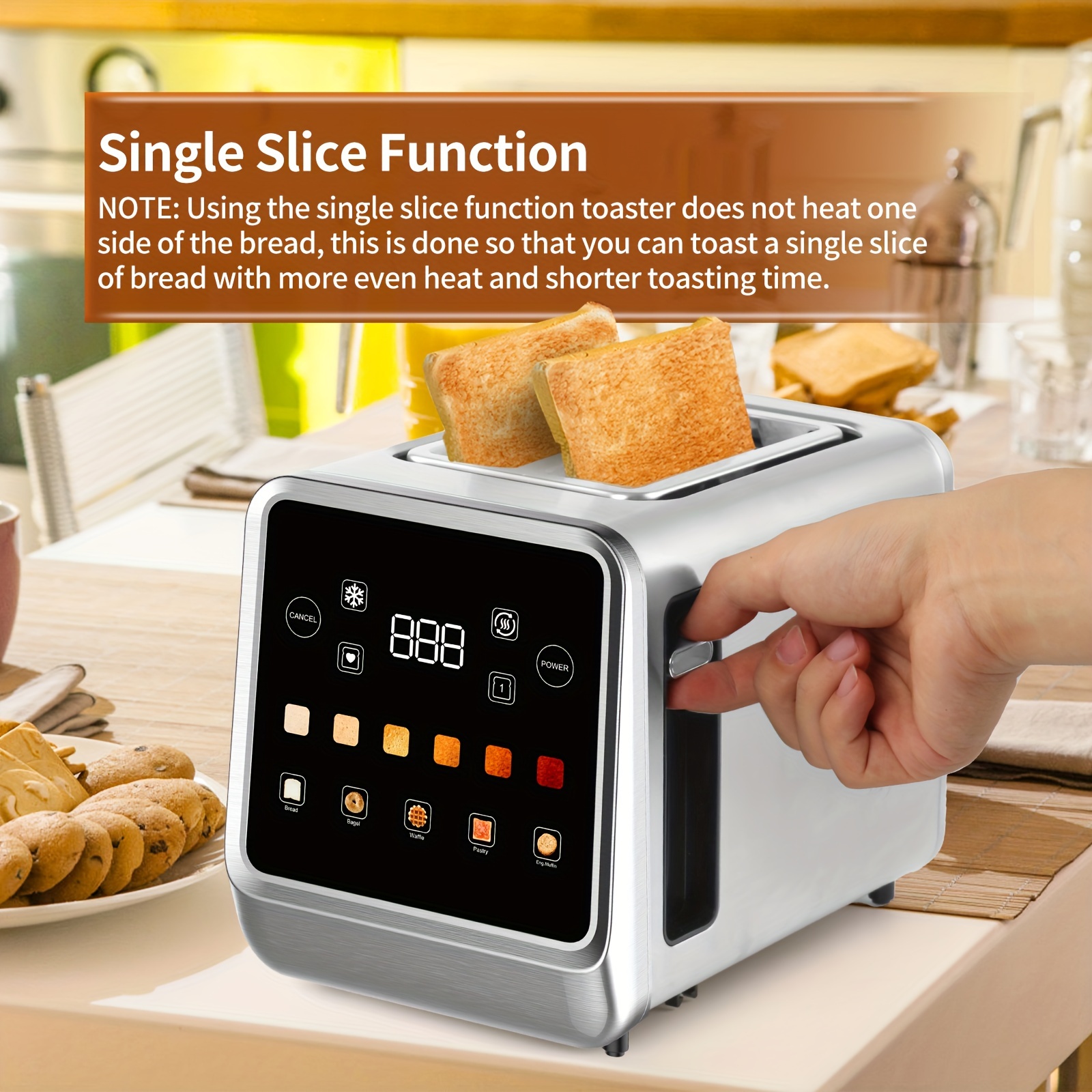 touch screen toaster 2   stainless steel digital timer toaster with 6 bread types and 6 shade settings 1 5 wide toast slot with bagel cancel defrost and memory details 2