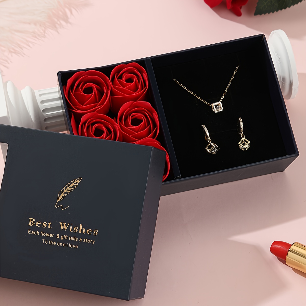 

Rose Box Necklace And Earrings 2-piece Set New Gift Box Accessories Gift Jewelry