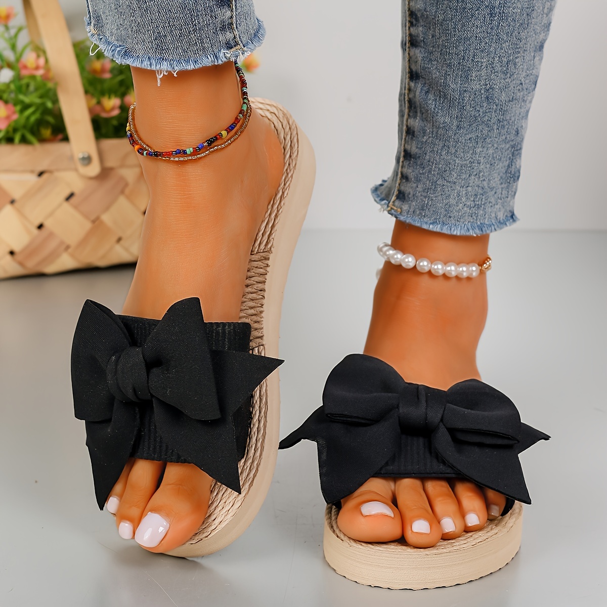 

Women's Summer Fashion Slide Sandals With Raffia Sole, Elegant Bowknot Comfy Platform Wedge Heel, Anti-slip Beach Shoes