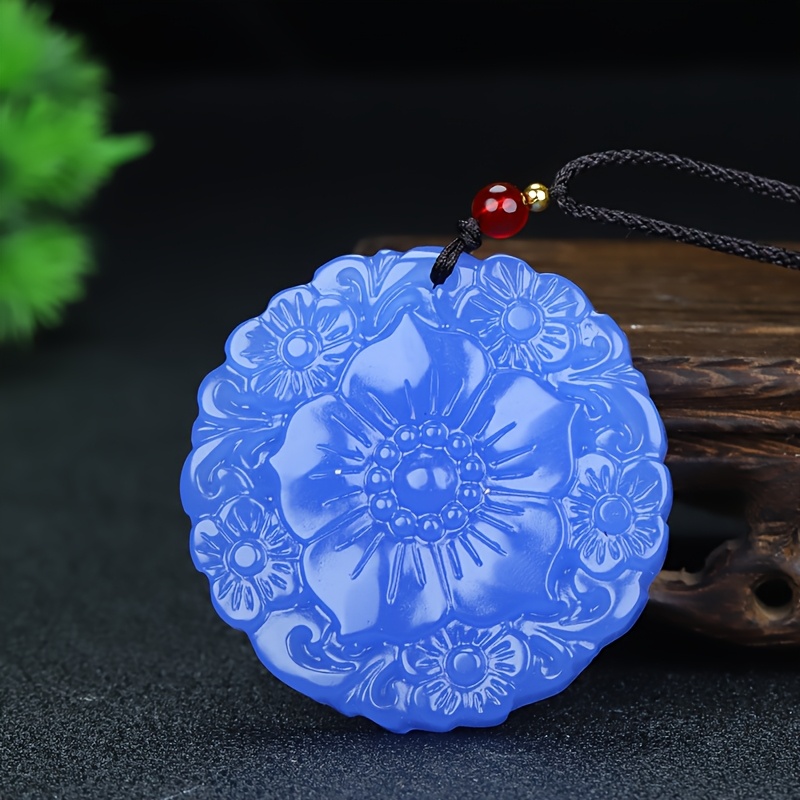 TEMU Blue Lace Agate Carved Pendant Makes Its Grand Debut! From Premium Natural Synthetic Gemstone, Featuring A Hue And Intricate Hand-carved Floral