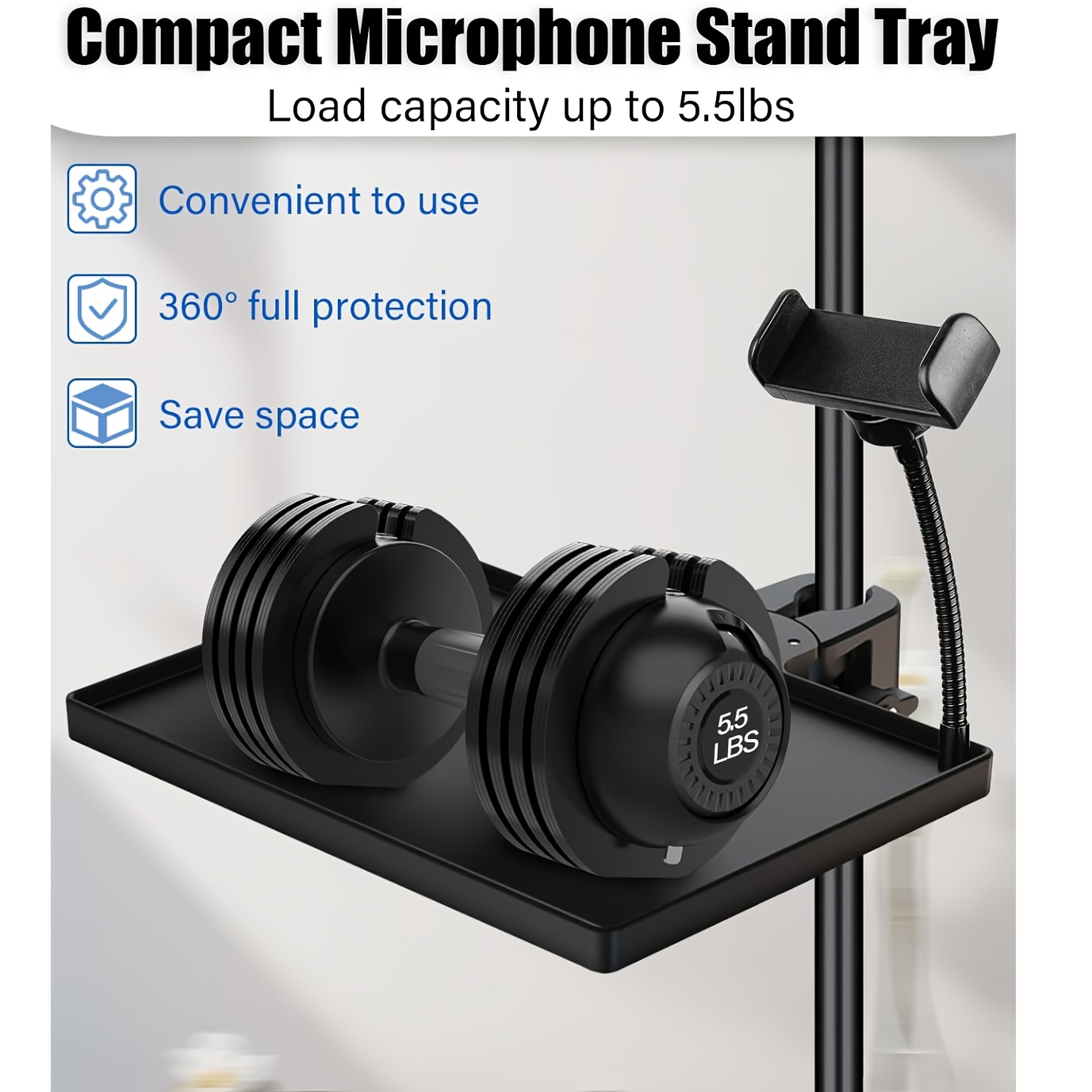 TEMU Bandeja soporte ajustable para micrófono XLR y teléfono/tableta con montaje de garra y tornillo - Compatible con smartphones/tabletas, atriles,